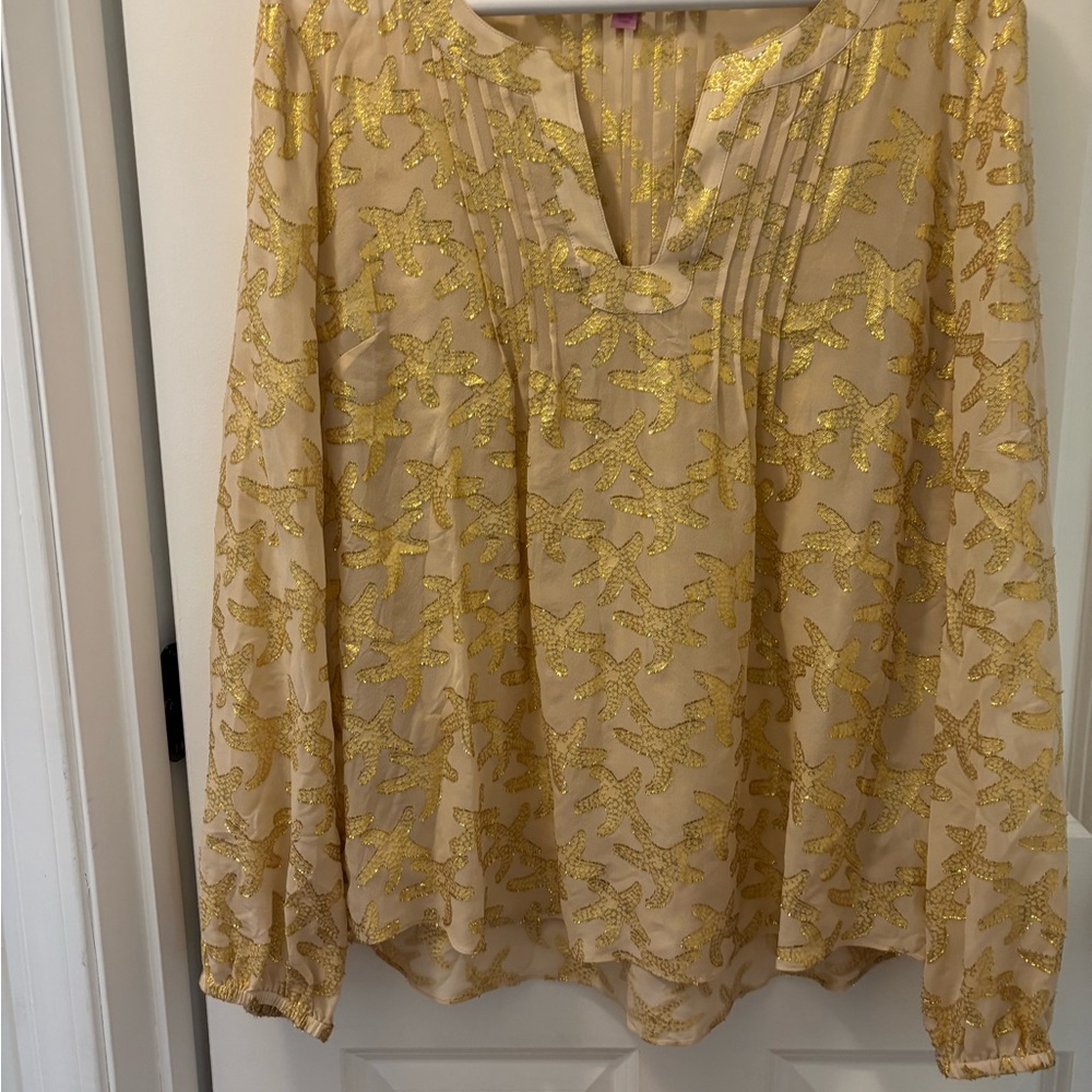 LILLY PULITZER Ivory silk with gold Starfish Pattern. Women's Top XL.